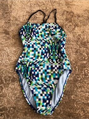Nike Women's One-Piece Swimsuit in Blue, Green & White Geo Check